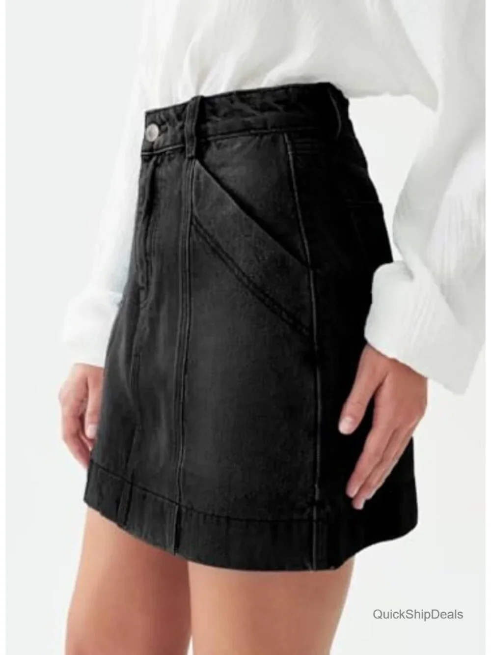 High Waisted Stretch Mini Denim Skirt with Pockets, Trendy Front Seam